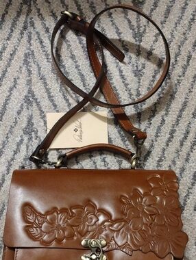 Patricia Nash Brown Floral Embossed Leather Crossbody Satchel